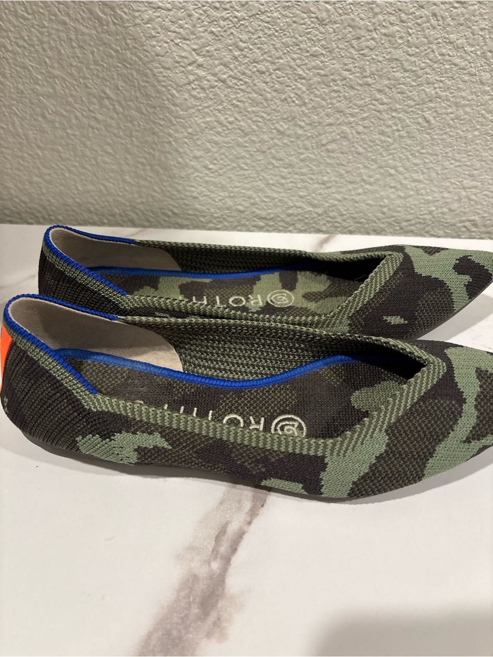 Rothy's Green Camouflage Pointed-Toe Flats with Blue Trim